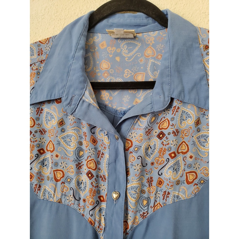 VTG Desert West by Sherry Holt Western Top‎ L Blue Cowgirl Silver Heart Buttons - Picture 2 of 10